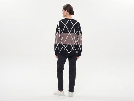 Kadın Oversize Triko Kazak - Modern Geometrik Desen
