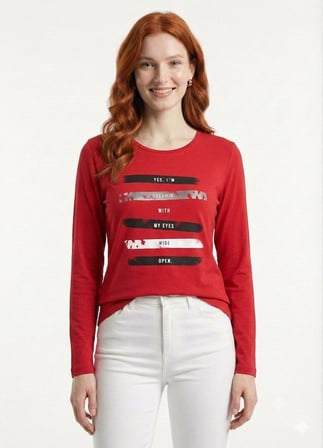 Kadın Kırmızı Uzun Kollu Baskılı Basic T-Shirt
