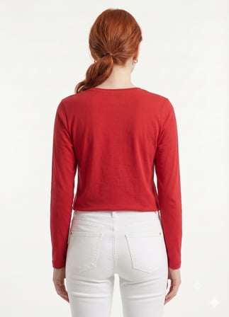 Kadın Kırmızı Uzun Kollu Baskılı Basic T-Shirt
