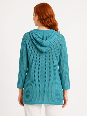 Kadın Triko Kapüşonlu Delikli Sweatshirt Turkuaz