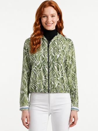 Kadın Oversize Desenli Kapüşonlu Fermuarlı Ceket
