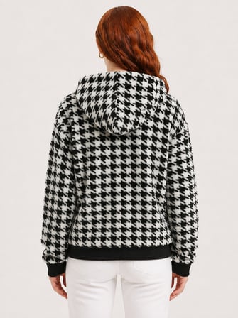 Kadın Kazayağı Desenli Kapüşonlu Fermuarlı Sweatshirt Ceket
