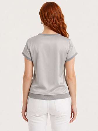 Kadın Gri Kısa Kollu Ribanalı T-shirt