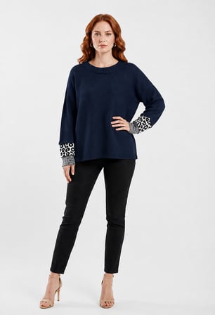Kadın Oversize Triko Kazak - Leopar Detaylı Kol