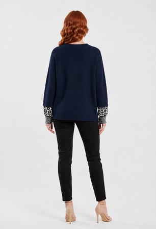 Kadın Oversize Triko Kazak - Leopar Detaylı Kol