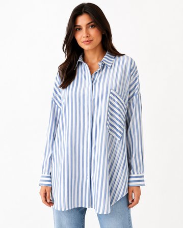 Kadın Oversize Çizgili Uzun Kollu Gömlek