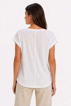 Kadın V Yaka Beyaz Kısa Kollu T-Shirt