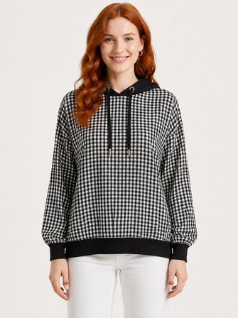 Kadın Kapüşonlu Siyah Beyaz Kareli Sweatshirt