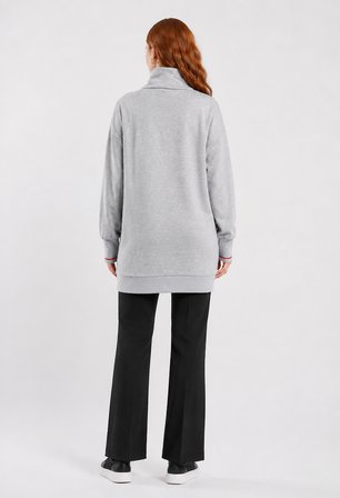 Kadın Gri Uzun Triko Sweatshirt Fermuarlı Yaka