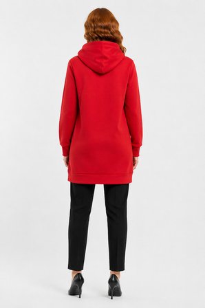 Kadın Kapüşonlu Kırmızı Sweatshirt Tunik