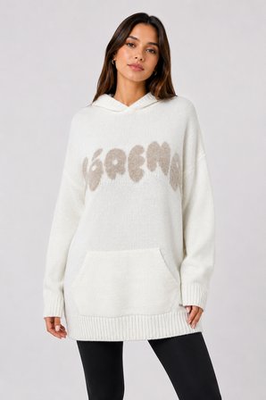Kadın Kapüşonlu Relaxed Beyaz Triko Sweatshirt