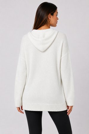 Kadın Kapüşonlu Relaxed Beyaz Triko Sweatshirt