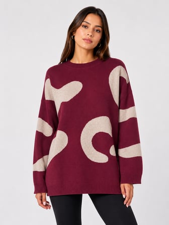 Kadın Oversize Desenli Triko Kazak
