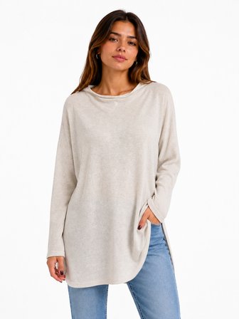 Kadın Relaxed Fit Uzun Kollu Bej Triko Bluz