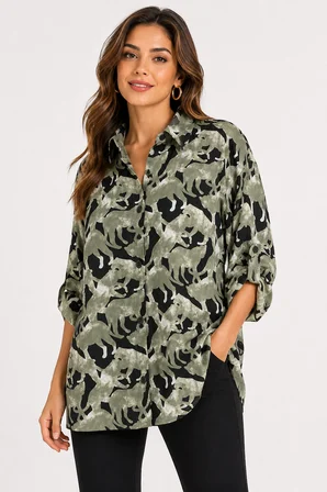 Kadın Oversize Desenli Uzun Kol Gömlek