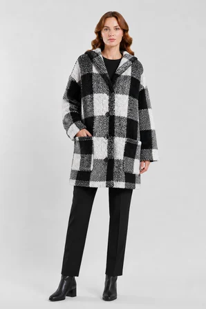 Kadın Kapüşonlu Siyah Beyaz Kareli Oversize Ceket