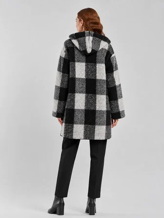 Kadın Kapüşonlu Siyah Beyaz Kareli Oversize Ceket