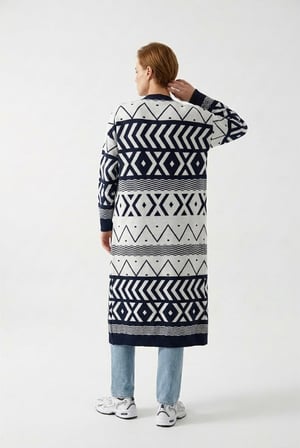 Kadın Oversize Triko Uzun Hırka Geometrik Desen