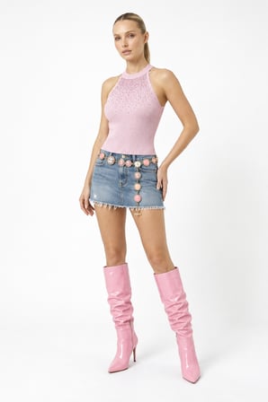 Kadın Taşlı Fitilli Halter Yaka Crop Bluz