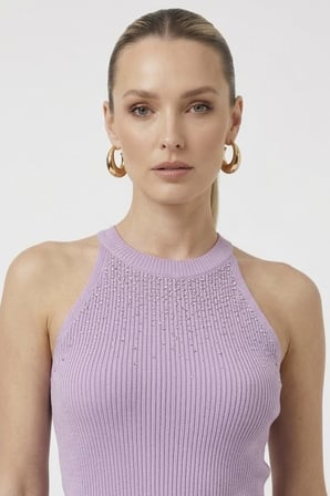 Kadın Taşlı Fitilli Halter Yaka Crop Bluz