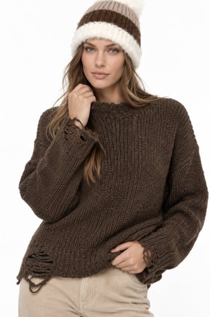 Kadın Premium Yırtık Detaylı Oversize Triko Kazak