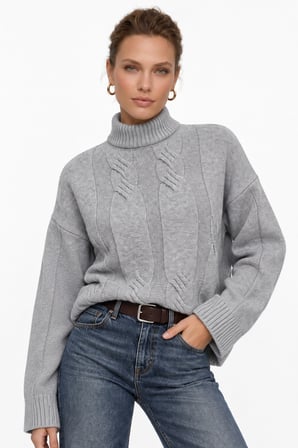 Kadın Premium Triko Saç Örgü Desenli Balıkçı Yaka Oversize Kazak