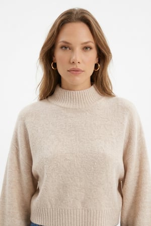 Kadın Crop Fit Bej Balıkçı Yaka Triko Kazak
