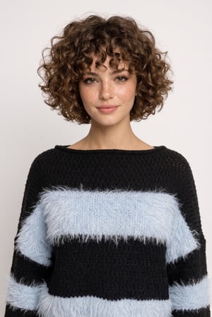 Kadın Premium Sakallı İplik Detaylı Çizgili Crop Triko Kazak