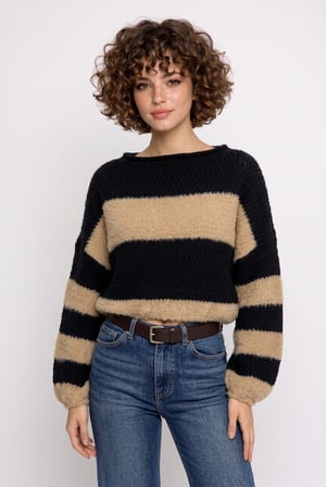 Kadın Premium Sakallı İplik Detaylı Çizgili Crop Triko Kazak