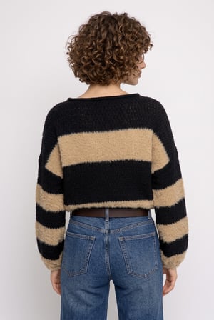 Kadın Premium Sakallı İplik Detaylı Çizgili Crop Triko Kazak