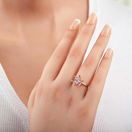 STİLLOVE Gümüş Rose Lila Taşlı Lotus Çiçeği Kadın Yüzük