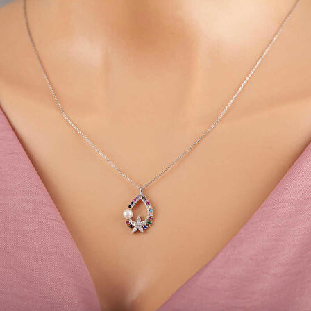 STİLLOVE Gümüş Renkli Taşlı Çiçekli Kalp Kadın Kolye