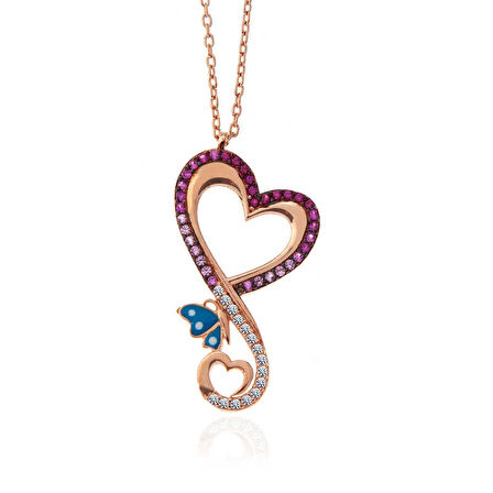 STİLLOVE Gümüş Rose Kalpli Kelebek Kadın Kolye