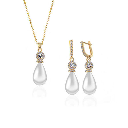 STİLLOVE Gümüş Gold Damla İnci Kadın Set