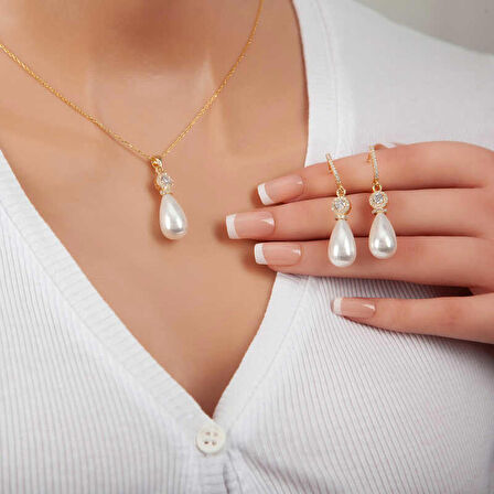 STİLLOVE Gümüş Gold Damla İnci Kadın Set