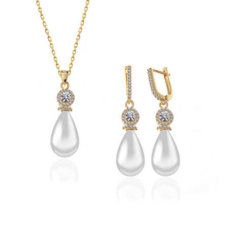 STİLLOVE Gümüş Gold Damla İnci Kadın Set
