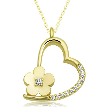 STİLLOVE Gümüş Gold Çiçekli Kalp Kadın Kolye