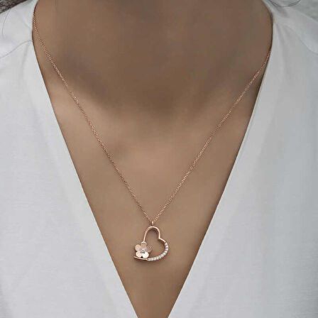 STİLLOVE Gümüş Rose Çiçekli Kalp Kadın Kolye