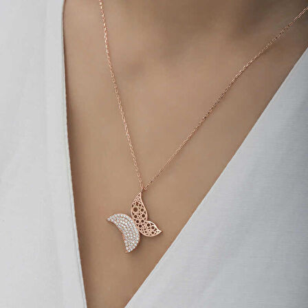 STİLLOVE Gümüş Rose Kelebek Kadın Kolye