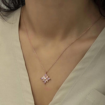 STİLLOVE Gümüş Rose Pembe Taşlı Umut Çiçeği Kolye