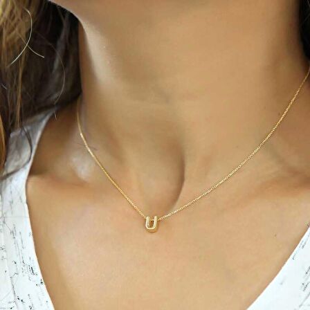 STİLLOVE Gümüş Gold 3 Boyutlu U Harf Bayan Kolye