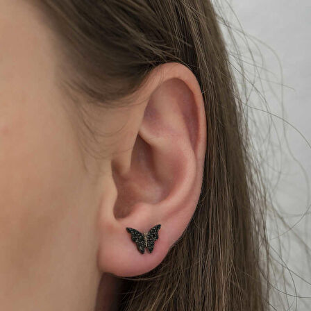 STİLLOVE Gümüş Siyah Kelebek Küpe