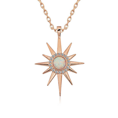 STİLLOVE ​Gümüş Rose Beyaz Opal Taşlı Kutup Yıldızı Kolye