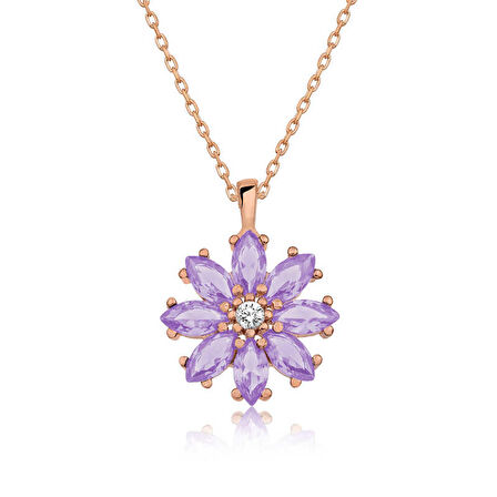STİLLOVE Gümüş Rose Lila Çiçek Kolye