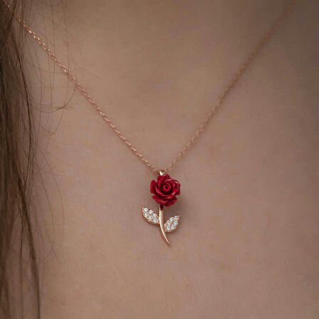STİLLOVE ​Gümüş Rose Kırmızı Gül Kolye