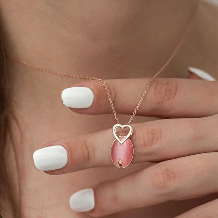 STİLLOVE ​Gümüş Pembe Kedi Gözü Taşlı Kalp Kolye