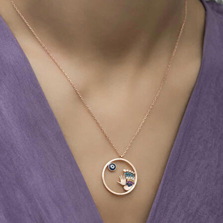 STİLLOVE Gümüş Rose Nazarlı El ve Ayak İzi Kadın Kolye