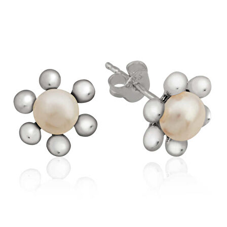 STİLLOVE Gümüş İnci Çiçek Çivili Küpe