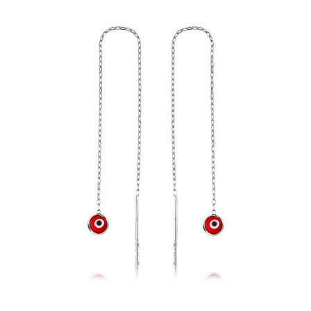 STİLLOVE Gümüş Zincirli Kırmızı Nazar Küpe