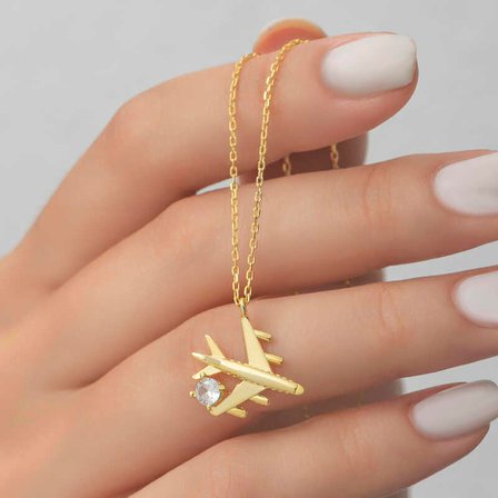 STİLLOVE Gümüş Gold Tek Taşlı Uçak Kadın Kolye